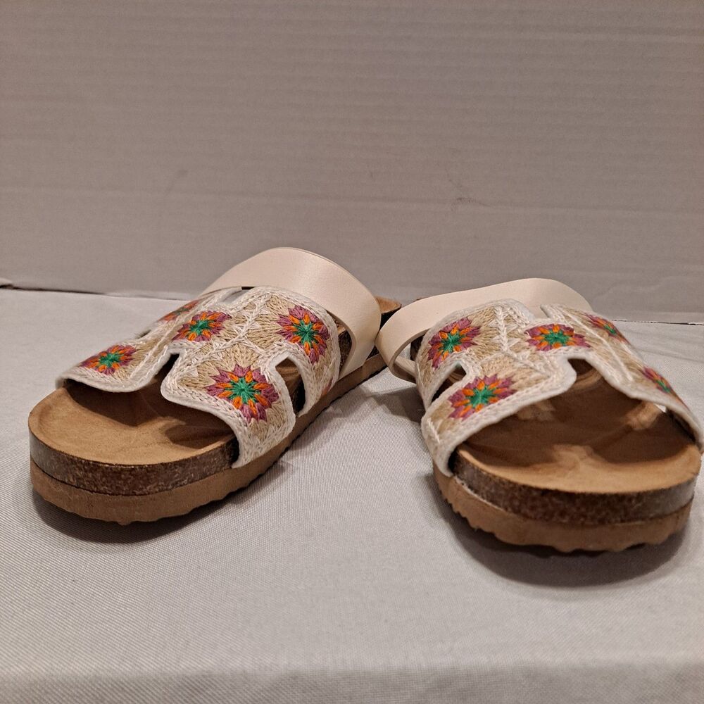 Bamboo Women's "H" Cutout Slide Sandals Size 5 Multi-color Floral Woven Cork - Picture 2 of 11